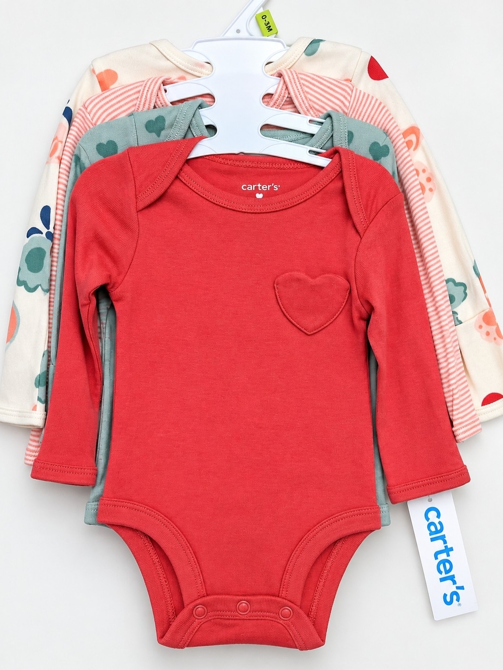 Carter's Long-Sleeve Red Heart Baby One-Piece Bodysuits 3-Pack